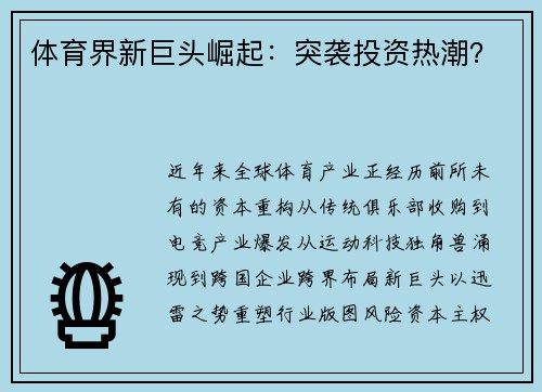 体育界新巨头崛起：突袭投资热潮？